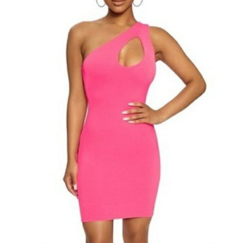 Naked Wardrobe NEW Pink One Shoulder Cutout Pencil Bodycon Stretch Mini Dress 2X